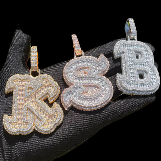 10k Custom Iced Out Diamond Baguette Initial Pendant