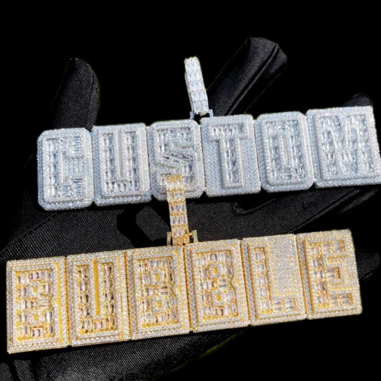 10k Iced Out Diamond Baguette Plate Name Pendant