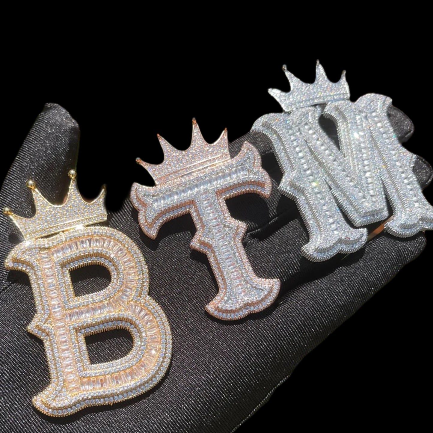 10k Iced Out Diamond Baguette Crown Initial Pendant