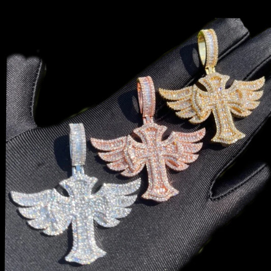 10k Iced Out Diamond Cross with Wings Pendant