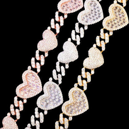 Iced Out Silver Cuban Link With Baguette Hearts