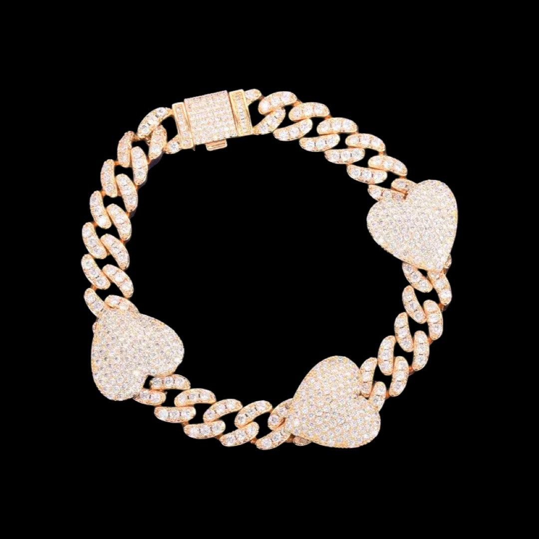 Iced Out Gold Diamond Cuban Link Heart Bracelet