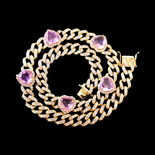 Iced Out Cuban Link With Pink Baguette Hearts