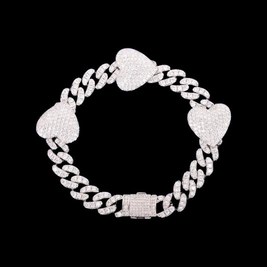 Iced Out Silver Diamond Cuban Link Heart Bracelet