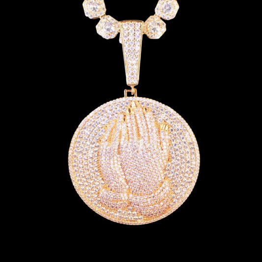 Iced Out Gold Prayer Hands Diamond Medallion Pendant