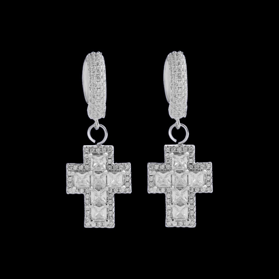 Diamond Baguette Cross Hoop Earrings