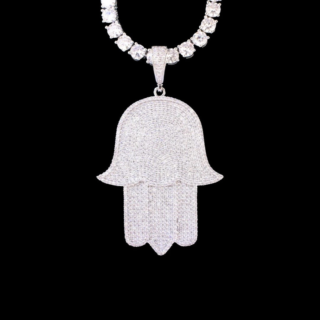 Iced Out Silver Diamond Hamsa Hand Pendant