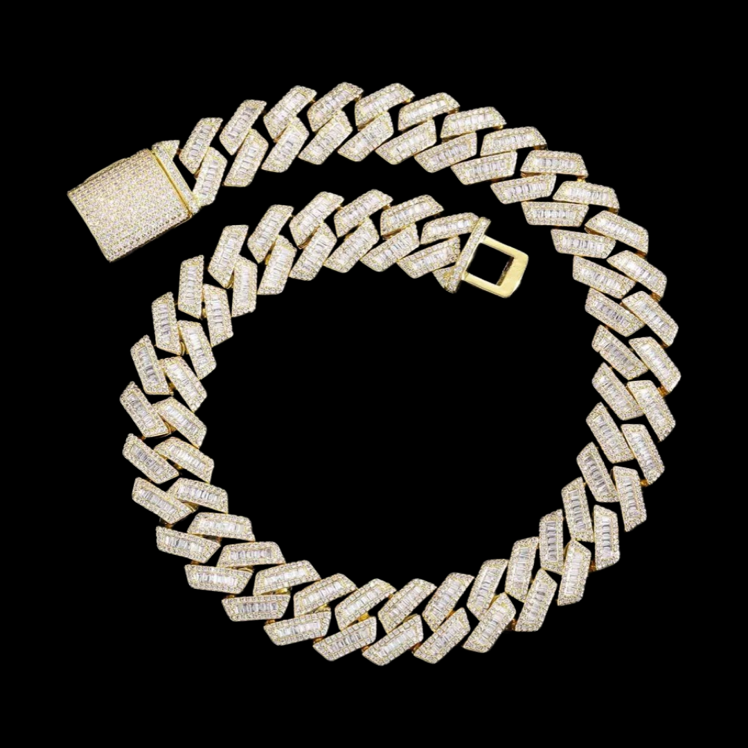 15mm 18k Iced Out Gold Diamond Baguette Cuban Chain