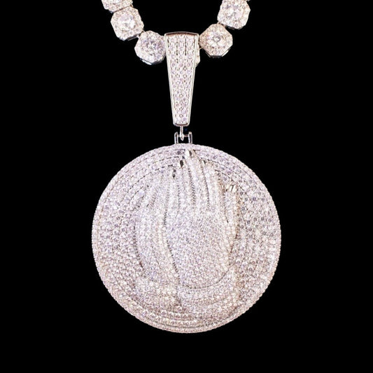 Iced Out Silver Prayer Hands Diamond Medallion Pendant