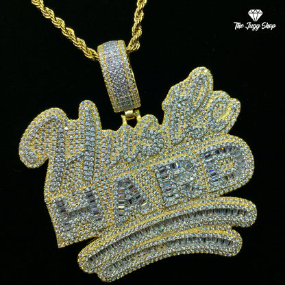 Iced Out Gold “Hustle Hard” Baguette Pendant