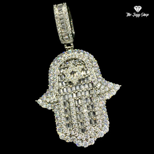 Iced Out Silver Hamsa Hand Pendant